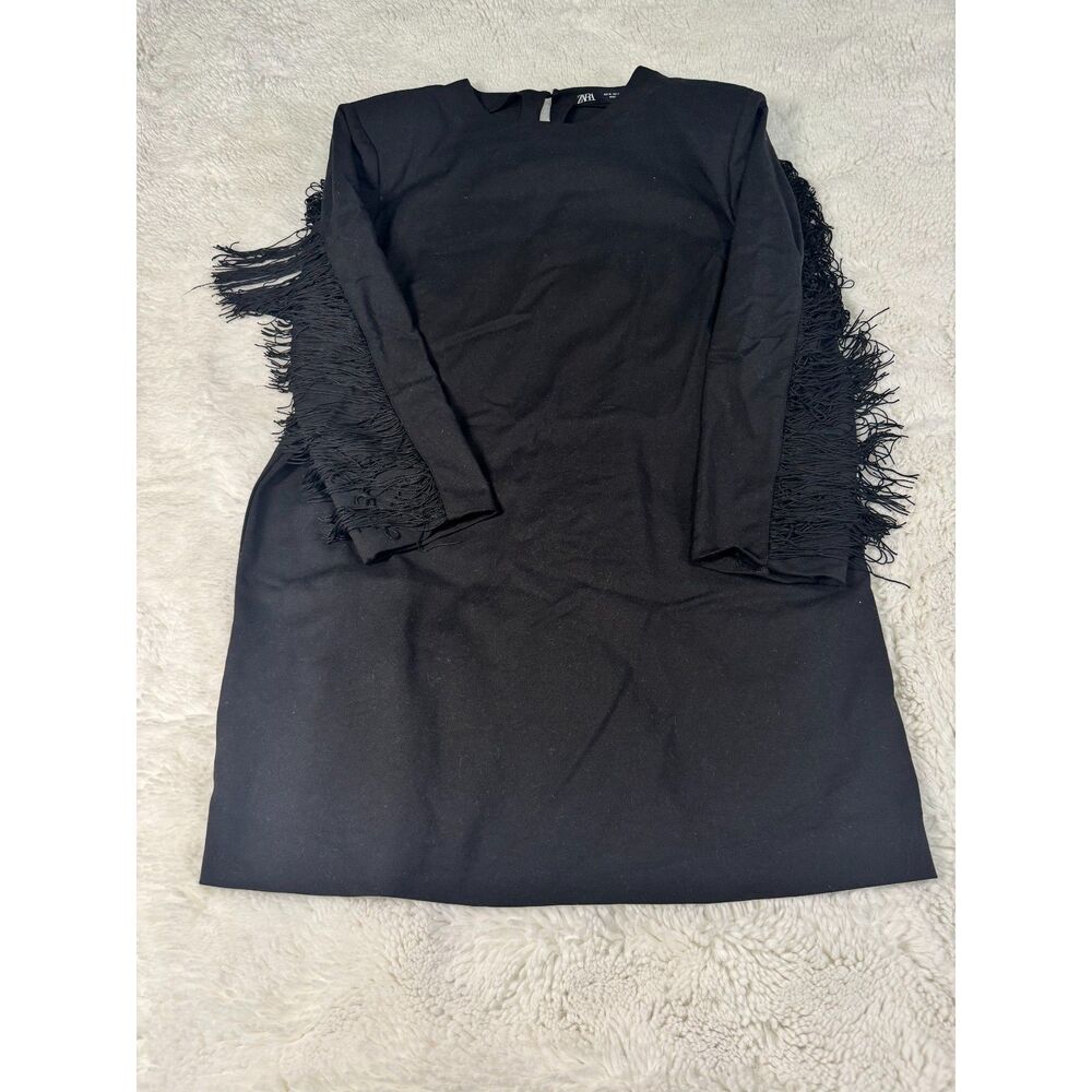 ZARA Black Fringe Statement Mini Dress Long Sleeve XL
